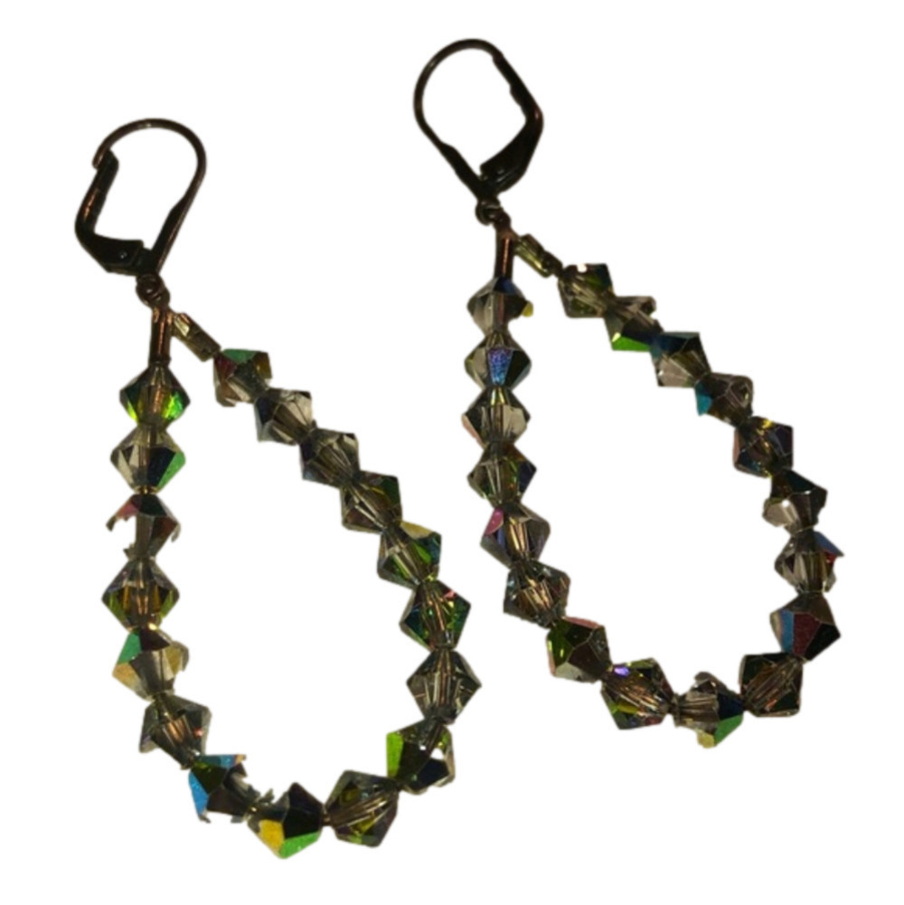 𝅺vtg Aurora Borealis Tear Drop Pear Shape Hoop Earring Lever Back Posts 2.5”